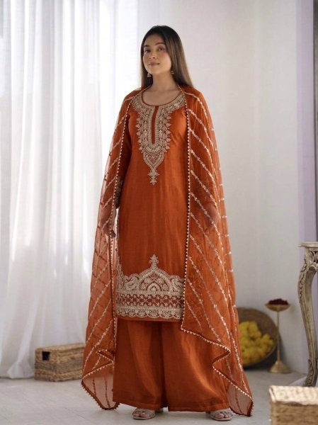 Vintage Orange Pure Fendy Silk Sharara Suit with Embroidery Work for Wedding Wear Ready To Wear Collection