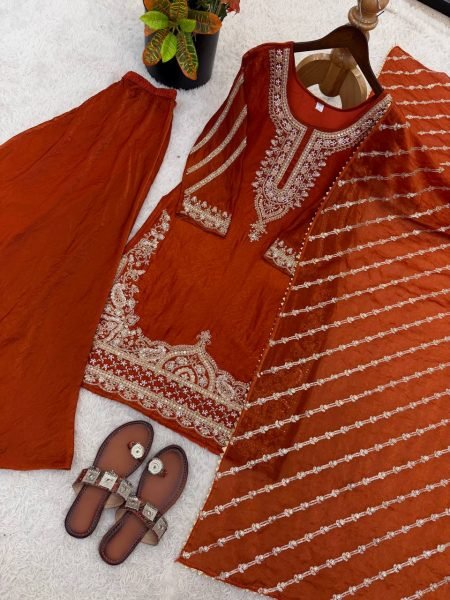 Vintage Orange Pure Fendy Silk Sharara Suit with Embroidery Work for Wedding Wear Ready To Wear Collection