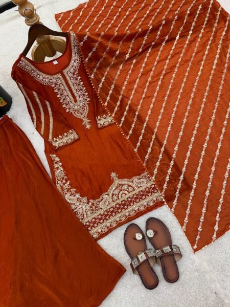 Vintage Orange Pure Fendy Silk Sharara Suit with Embroidery Work for Wedding Wear Ready To Wear Collection
