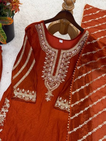 Vintage Orange Pure Fendy Silk Sharara Suit with Embroidery Work for Wedding Wear Ready To Wear Collection