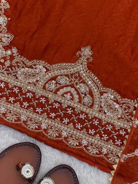Vintage Orange Pure Fendy Silk Sharara Suit with Embroidery Work for Wedding Wear Ready To Wear Collection