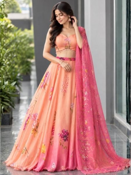 Vintage Peach Designer Organza Lehenga with 8 Meter Flair and Digital Print at Wholesale Rate 