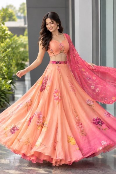 Vintage Peach Designer Organza Lehenga with 8 Meter Flair and Digital Print at Wholesale Rate Designer Lehenga Choli