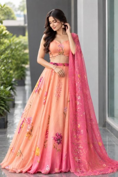 Vintage Peach Designer Organza Lehenga with 8 Meter Flair and Digital Print at Wholesale Rate Designer Lehenga Choli