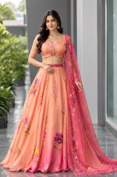 Vintage Peach Designer Organza Lehenga with 8 Meter Flair and Digital Print at Wholesale Rate Designer Lehenga Choli