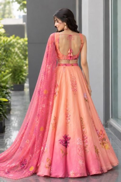 Vintage Peach Designer Organza Lehenga with 8 Meter Flair and Digital Print at Wholesale Rate Designer Lehenga Choli