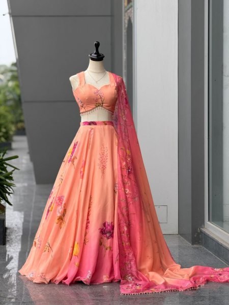 Vintage Peach Designer Organza Lehenga with 8 Meter Flair and Digital Print at Wholesale Rate Designer Lehenga Choli