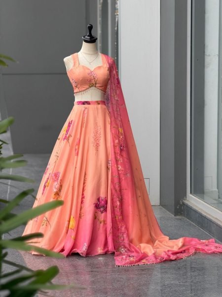 Vintage Peach Designer Organza Lehenga with 8 Meter Flair and Digital Print at Wholesale Rate Designer Lehenga Choli