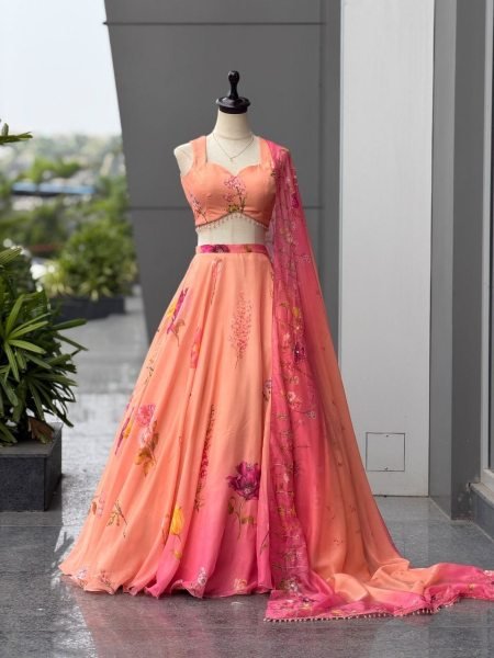 Vintage Peach Designer Organza Lehenga with 8 Meter Flair and Digital Print at Wholesale Rate Designer Lehenga Choli