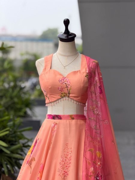 Vintage Peach Designer Organza Lehenga with 8 Meter Flair and Digital Print at Wholesale Rate Designer Lehenga Choli