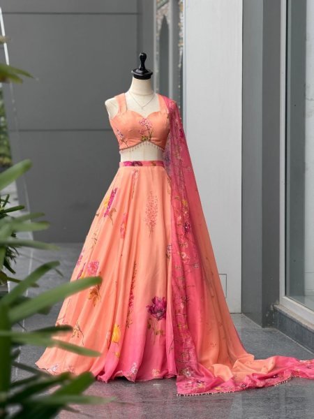 Vintage Peach Designer Organza Lehenga with 8 Meter Flair and Digital Print at Wholesale Rate Designer Lehenga Choli