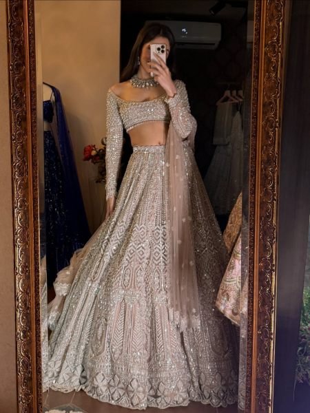 Vintage Peach Heavy Butterfly Net Lehenga with Zari Embroidery and Net Dupatta 