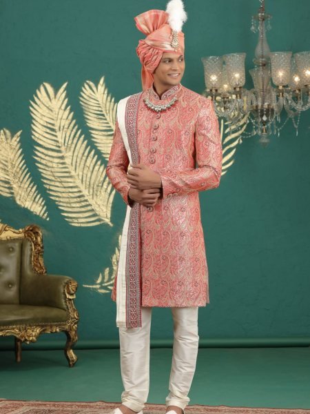 Vintage Peach Pure Banarasi Jacquard Embroidered Kurta Set for Wedding Wear Mens Wear