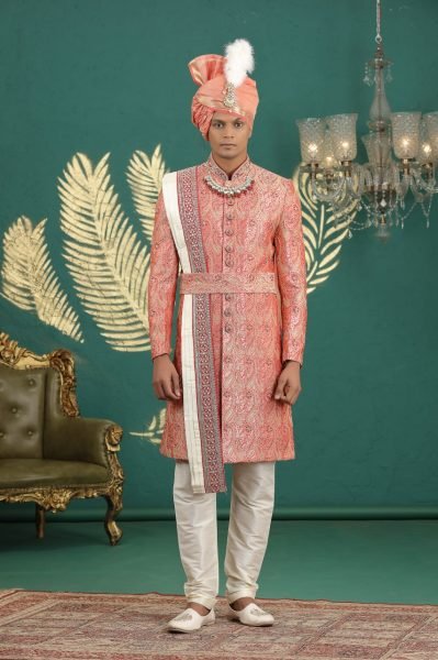 Vintage Peach Pure Banarasi Jacquard Embroidered Kurta Set for Wedding Wear Kurta Pajama Wholesale