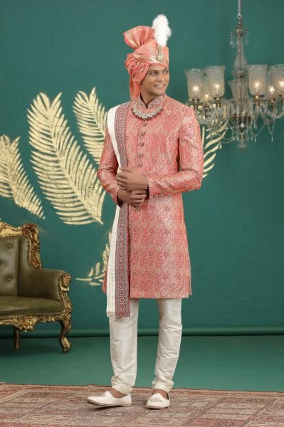 Vintage Peach Pure Banarasi Jacquard Embroidered Kurta Set for Wedding Wear Kurta Pajama Wholesale