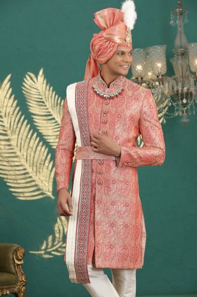 Vintage Peach Pure Banarasi Jacquard Embroidered Kurta Set for Wedding Wear Kurta Pajama Wholesale