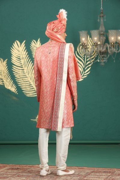 Vintage Peach Pure Banarasi Jacquard Embroidered Kurta Set for Wedding Wear Kurta Pajama Wholesale
