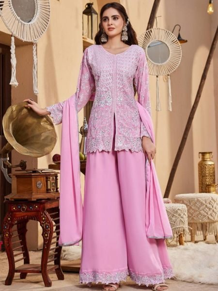 Vintage Pink Faux Georgette Palazzo Suit Set with Heavy  Cutwork Embroidery For Diwali Ready To Wear Suit