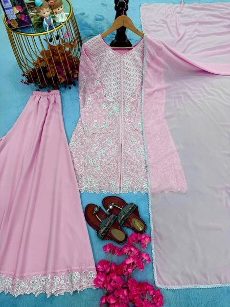Vintage Pink Faux Georgette Palazzo Suit Set with Heavy  Cutwork Embroidery For Diwali Ready To Wear Collection