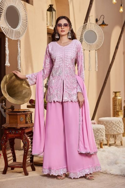 Vintage Pink Faux Georgette Palazzo Suit Set with Heavy  Cutwork Embroidery For Diwali Ready To Wear Collection