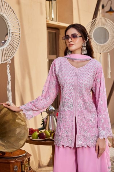 Vintage Pink Faux Georgette Palazzo Suit Set with Heavy  Cutwork Embroidery For Diwali Ready To Wear Collection