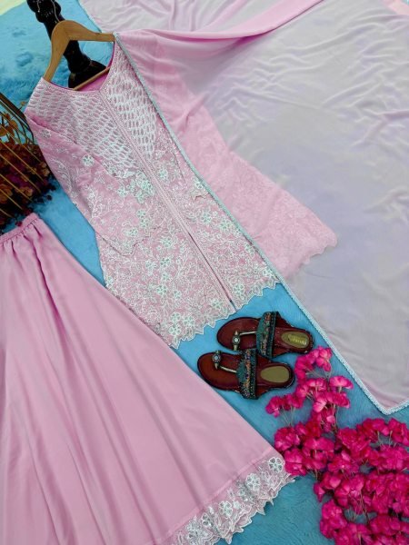 Vintage Pink Faux Georgette Palazzo Suit Set with Heavy  Cutwork Embroidery For Diwali Ready To Wear Collection