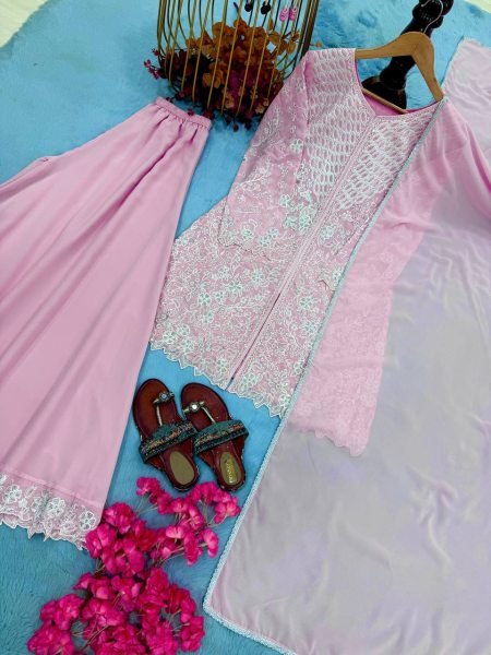Vintage Pink Faux Georgette Palazzo Suit Set with Heavy  Cutwork Embroidery For Diwali Ready To Wear Collection