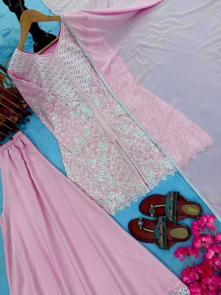 Vintage Pink Faux Georgette Palazzo Suit Set with Heavy  Cutwork Embroidery For Diwali Ready To Wear Collection