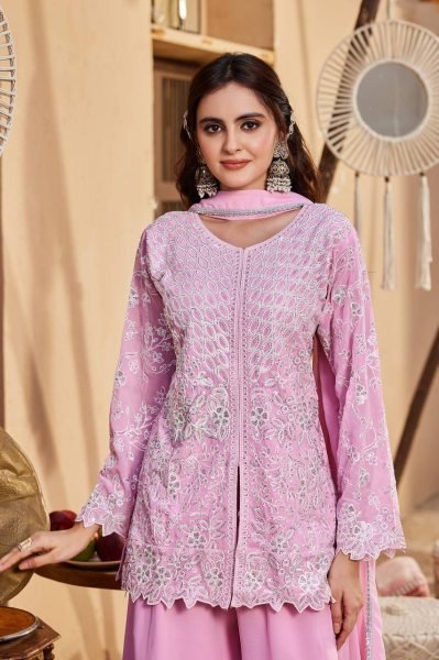 Vintage Pink Faux Georgette Palazzo Suit Set with Heavy  Cutwork Embroidery For Diwali Ready To Wear Collection