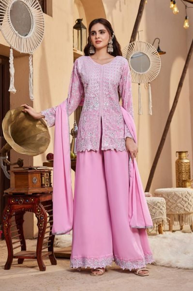 Vintage Pink Faux Georgette Palazzo Suit Set with Heavy  Cutwork Embroidery For Diwali Ready To Wear Collection