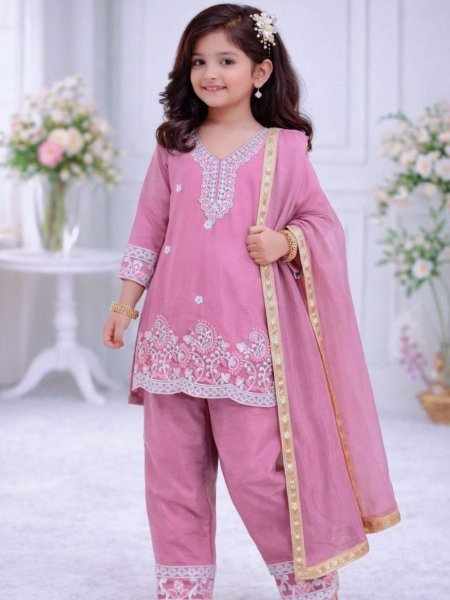 Vintage Pink Fendi Silk Embroidered Top Palazzo And Dupatta Set For Girls Kurtis