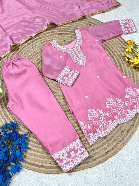 Vintage Pink Fendi Silk Embroidered Top Palazzo And Dupatta Set For Girls Girls Wear