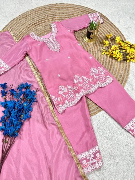 Vintage Pink Fendi Silk Embroidered Top Palazzo And Dupatta Set For Girls Girls Wear