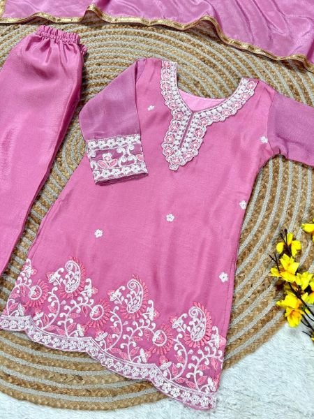 Vintage Pink Fendi Silk Embroidered Top Palazzo And Dupatta Set For Girls Girls Wear