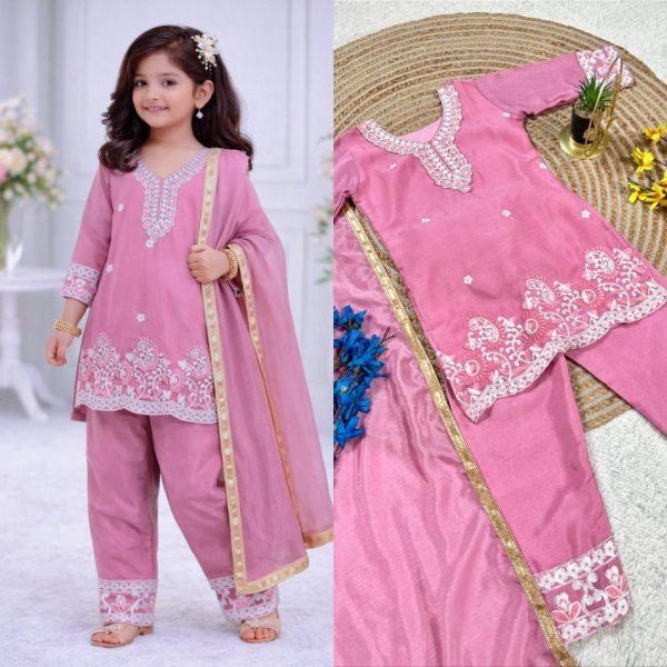 Vintage Pink Fendi Silk Embroidered Top Palazzo And Dupatta Set For Girls Girls Wear