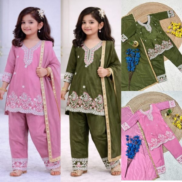 Vintage Pink Fendi Silk Embroidered Top Palazzo And Dupatta Set For Girls Girls Wear