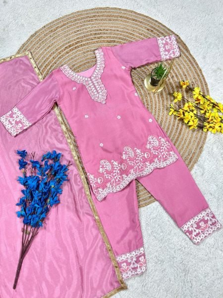 Vintage Pink Fendi Silk Embroidered Top Palazzo And Dupatta Set For Girls Girls Wear