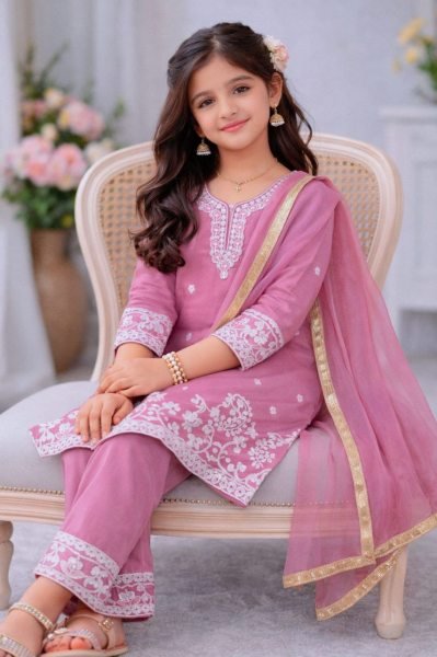 Vintage Pink Fendi Silk Embroidered Top Palazzo And Dupatta Set For Girls Girls Wear