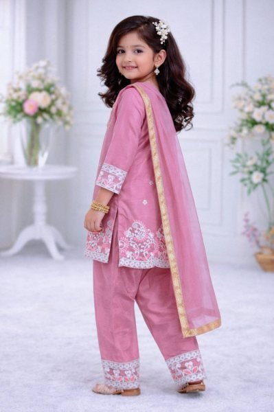 Vintage Pink Fendi Silk Embroidered Top Palazzo And Dupatta Set For Girls Girls Wear