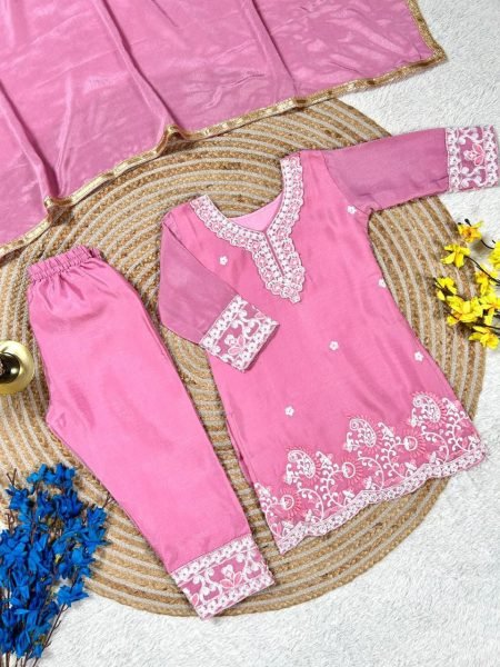 Vintage Pink Fendi Silk Embroidered Top Palazzo And Dupatta Set For Girls Girls Wear