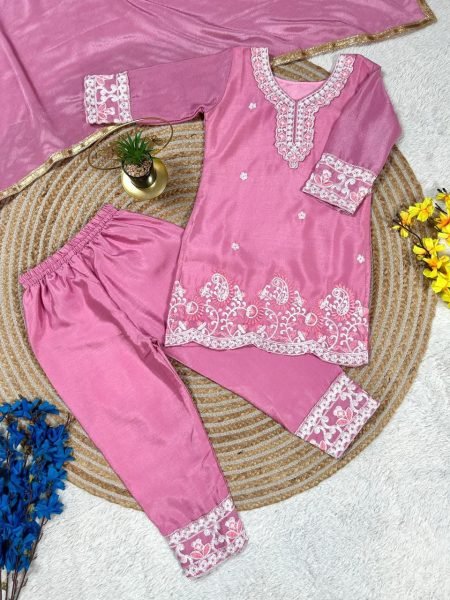 Vintage Pink Fendi Silk Embroidered Top Palazzo And Dupatta Set For Girls Girls Wear