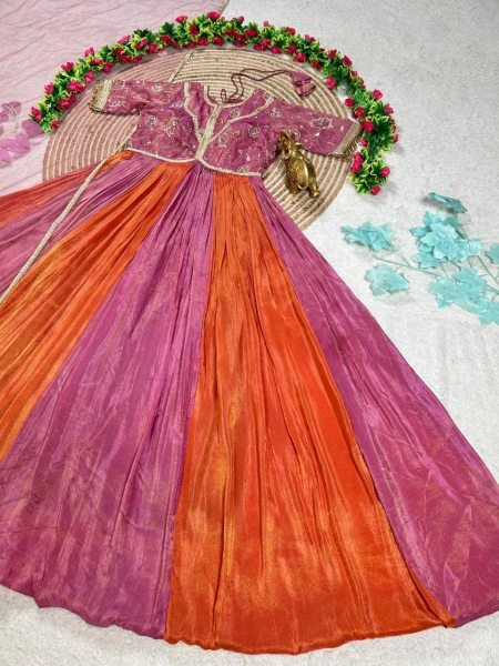 Vintage Pink Orange Gown with Bits Work and Thumar Lace Detailing Anarkali Kurtis 