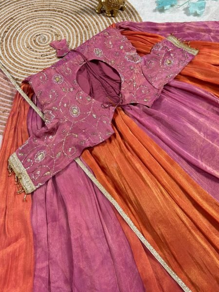 Vintage Pink Orange Gown with Bits Work and Thumar Lace Detailing Anarkali Kurtis 