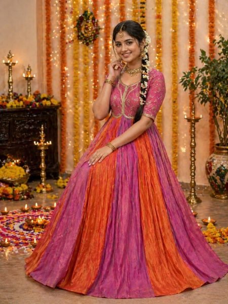 Vintage Pink Orange Gown with Bits Work and Thumar Lace Detailing Anarkali Kurtis 