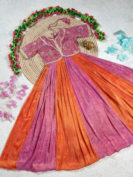 Vintage Pink Orange Gown with Bits Work and Thumar Lace Detailing Anarkali Kurtis 