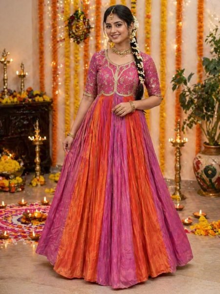 Vintage Pink Orange Gown with Bits Work and Thumar Lace Detailing Anarkali Kurtis 