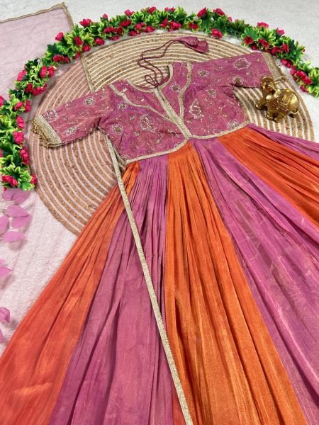 Vintage Pink Orange Gown with Bits Work and Thumar Lace Detailing Anarkali Kurtis 