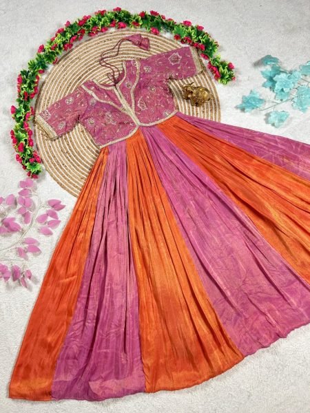 Vintage Pink Orange Gown with Bits Work and Thumar Lace Detailing Anarkali Kurtis 