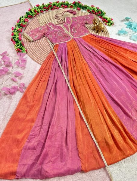 Vintage Pink Orange Gown with Bits Work and Thumar Lace Detailing Anarkali Kurtis 