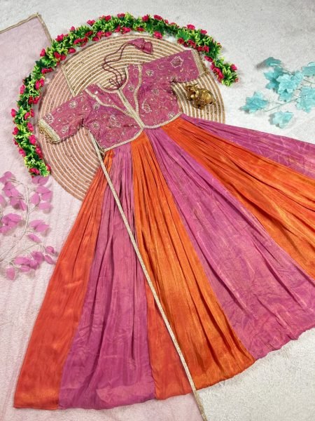 Vintage Pink Orange Gown with Bits Work and Thumar Lace Detailing Anarkali Kurtis 